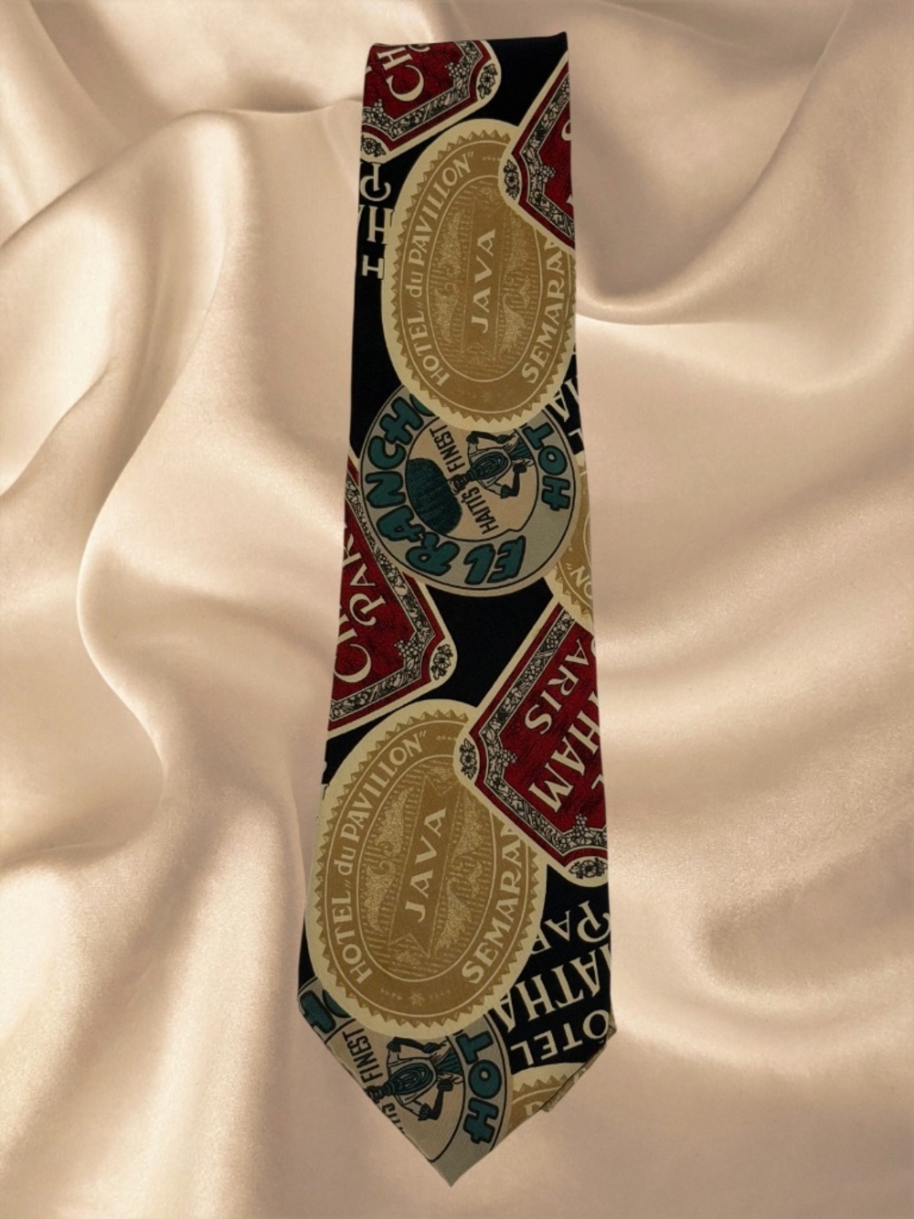 EMPORO ARMANI Silk Tie Adorned with Coffee Label Designs. Excel Condition.